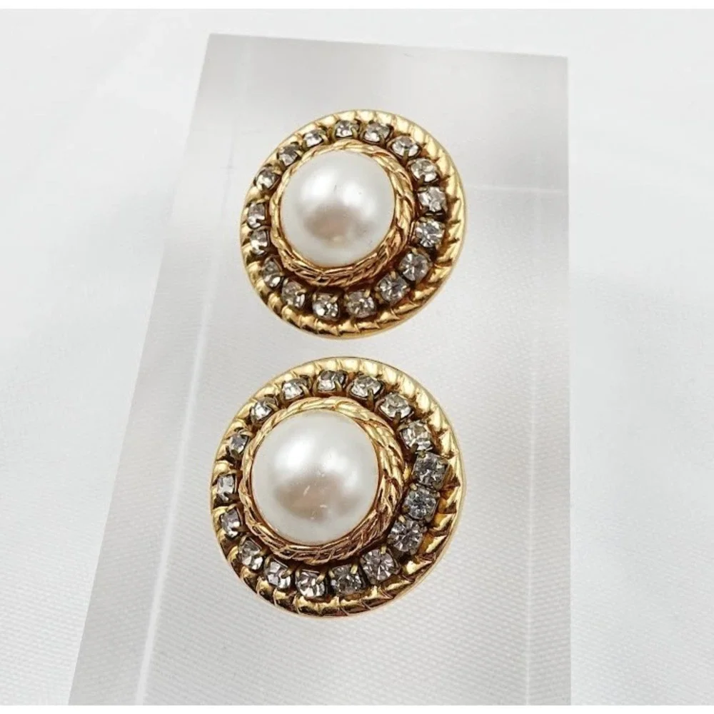 Vintage Rhinestone Halo Button Earrings Gold Tone Faux Pearl Dome Stud 80s Glam